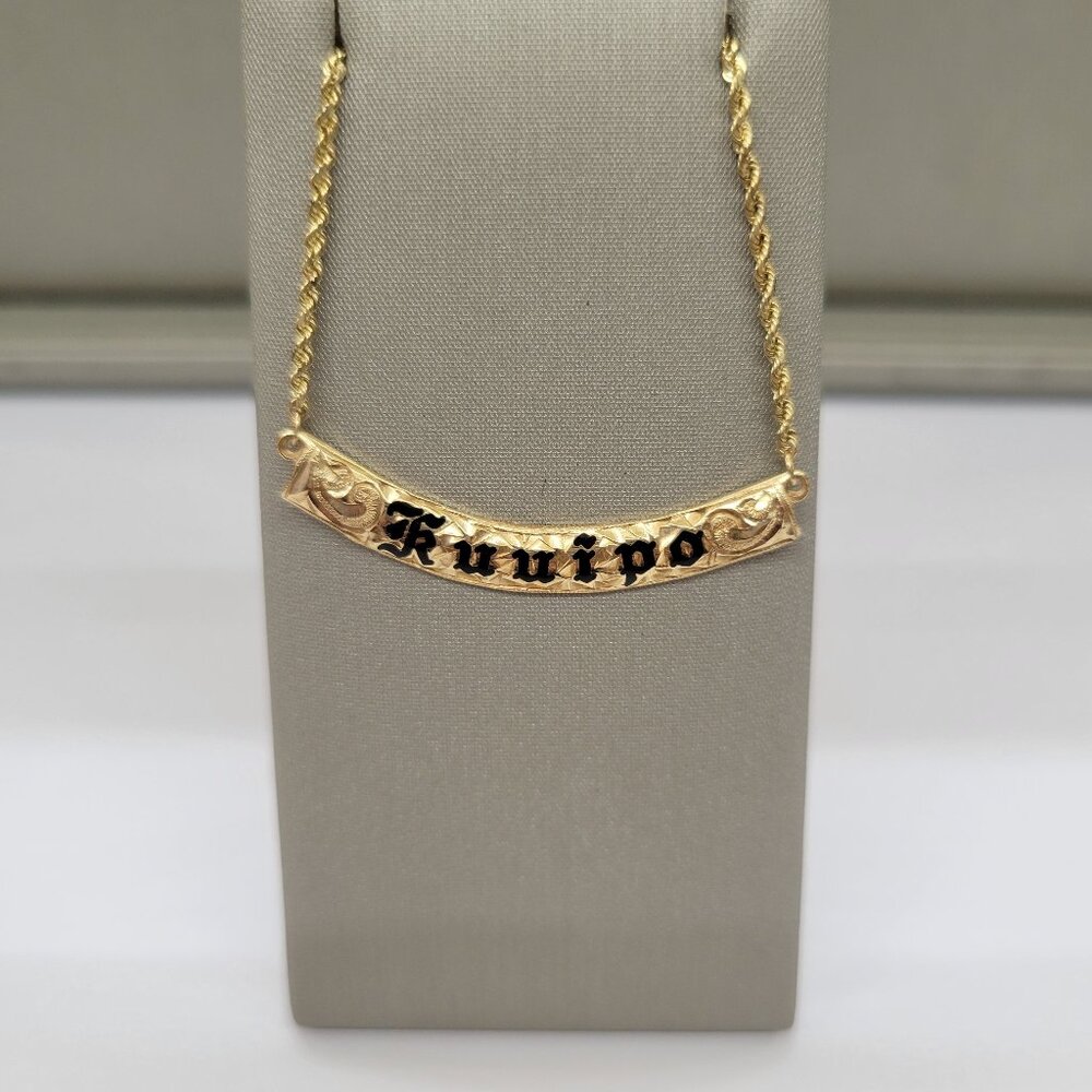 Hawaiian Horizontal Bar "Kuuipo" Pendant on 17.5" Rope Chain, 14kt Yellow Gold